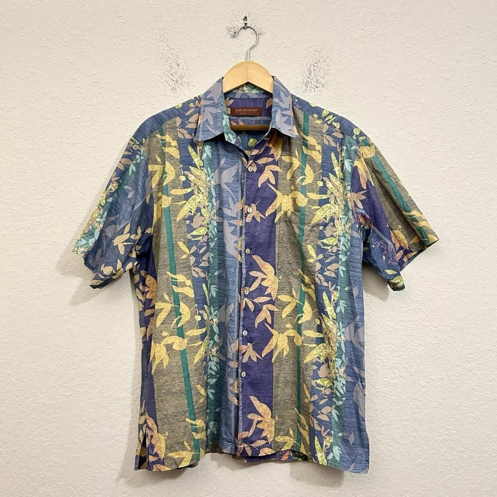 TORI RICHARD Hawaiian Shirt Blue Striped Leaf Cotton Lawn Button Up Beach
